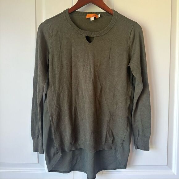 One A Size S Long Sleeve Dual Fabric Keyhole Front Green Sweater Tunic - Picture 2 of 4